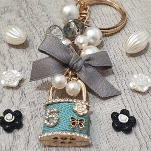 Camellia Flower Lock Teal l Key Chain Keyring Fashion Handbag Charm Accessory